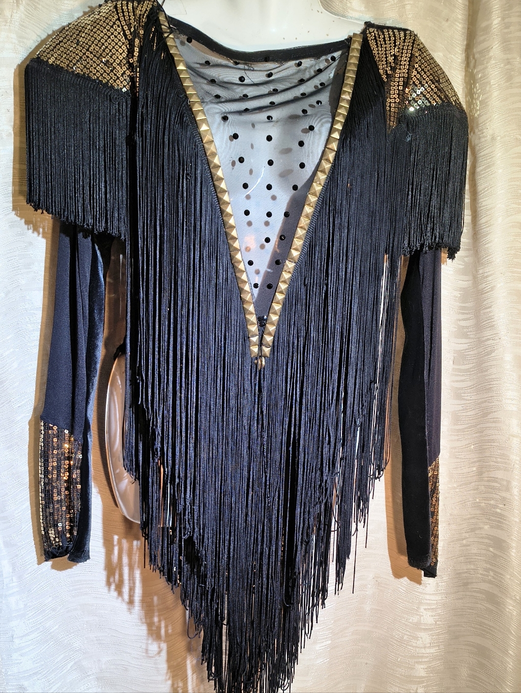 Dance Costume Gold Sequins,Black Fringe V-Neck Long Sleeve Leotard Med. Vintage